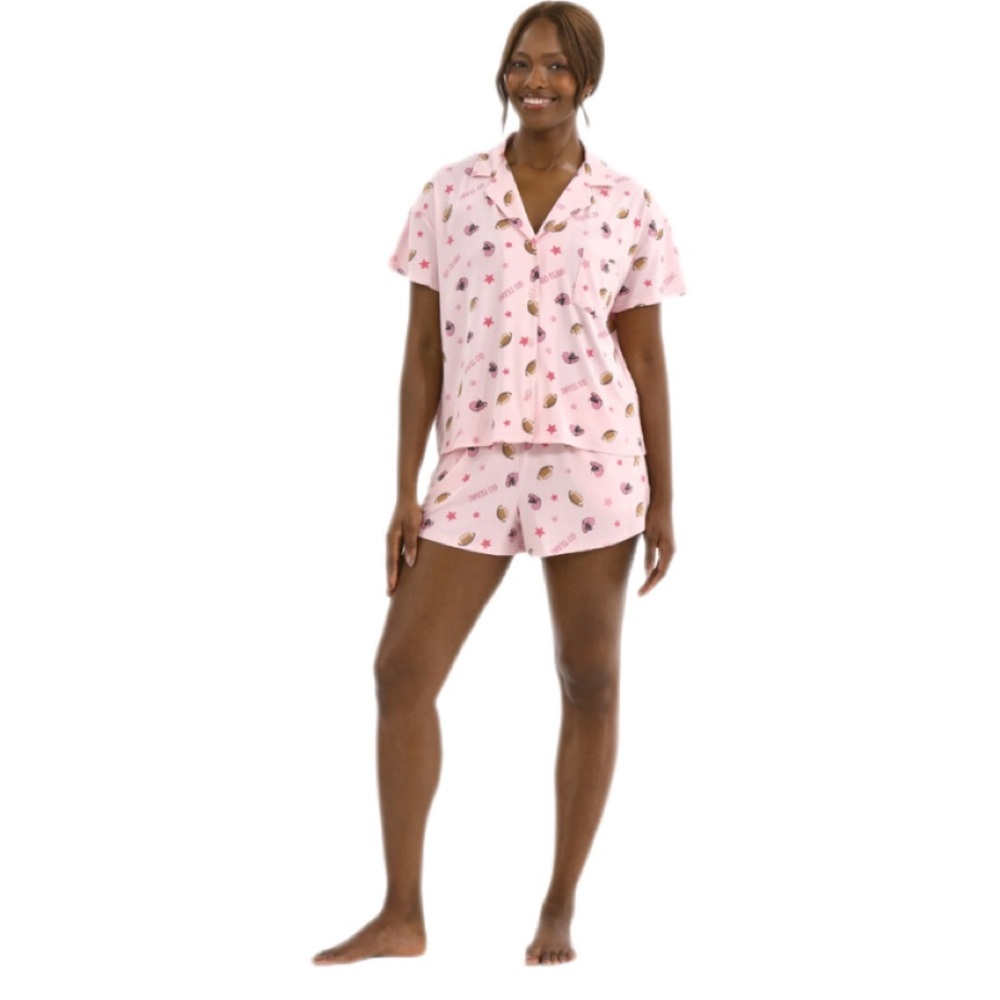 Celebrate Fall Pink Football Pajama Set Women’s Large L Shorts Button Top